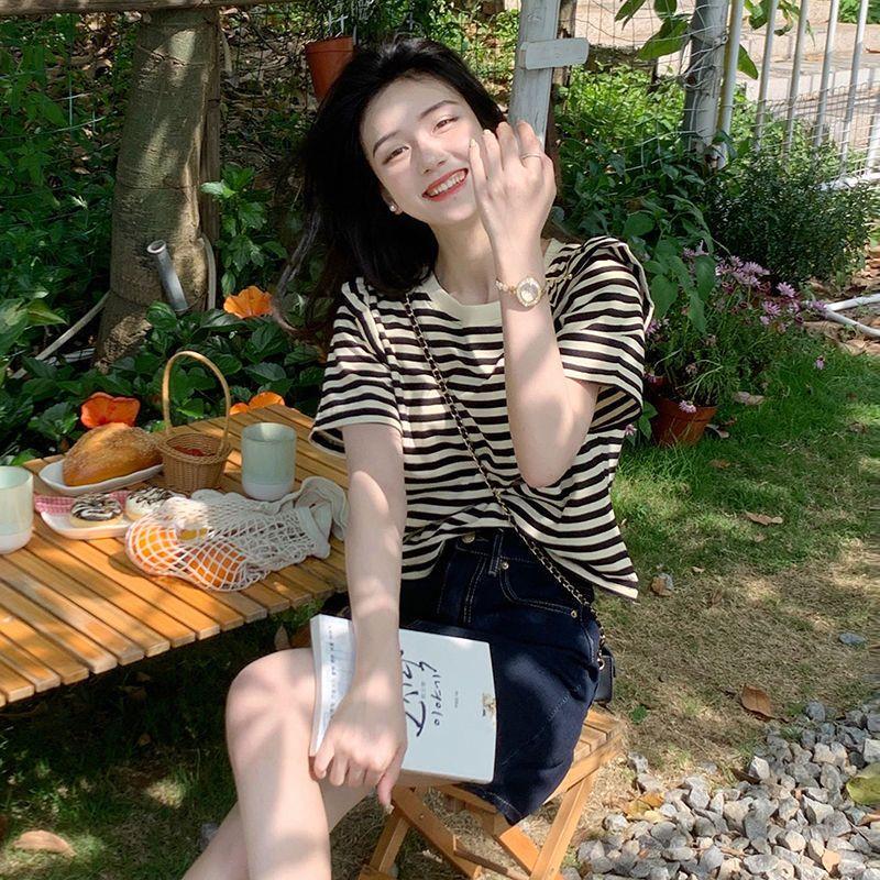 harajuku Vintage stripe Women's T-Shirts pure cotton Short Sleeve black y2k Tops Casual loose Street Clothing Women Summer Tees