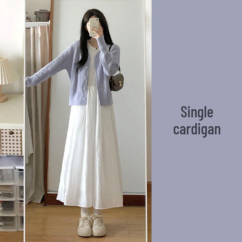 

Spring French Tea Break Outfit: Knit Cardigan, White Vest & Long Dress Set for Women S (78-98 lbs)
