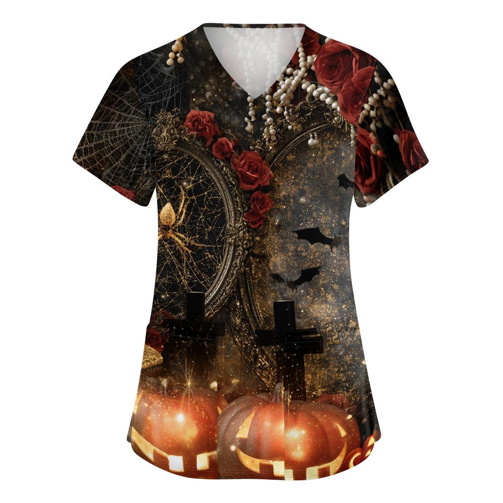 Women's V-Neck Short Sleeve Scrub Top with Pockets Halloween Print Uniform for Work