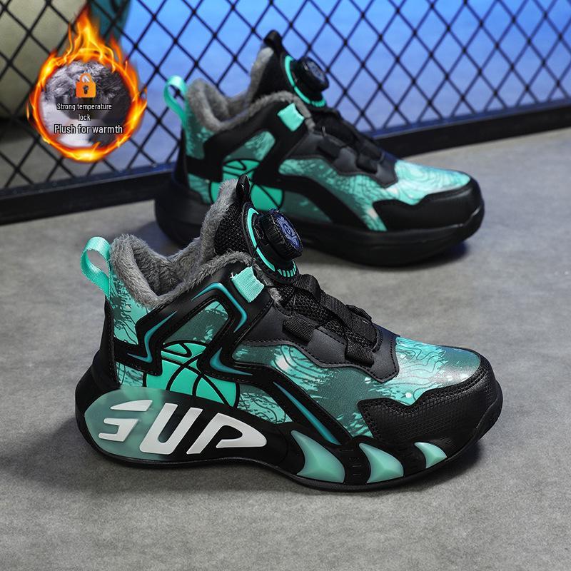 2025 Autumn/Winter Boys' Leather Sports Shoes with Velvet, Kids' Running and Basketball Sneakers