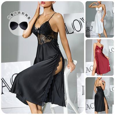 Lace Patchwork High Slit Nightgown Built-in Bra Long Satin Cami Women's Comfortable Loungewear 979 Supportive Elegant Sleepwear with Flattering Design