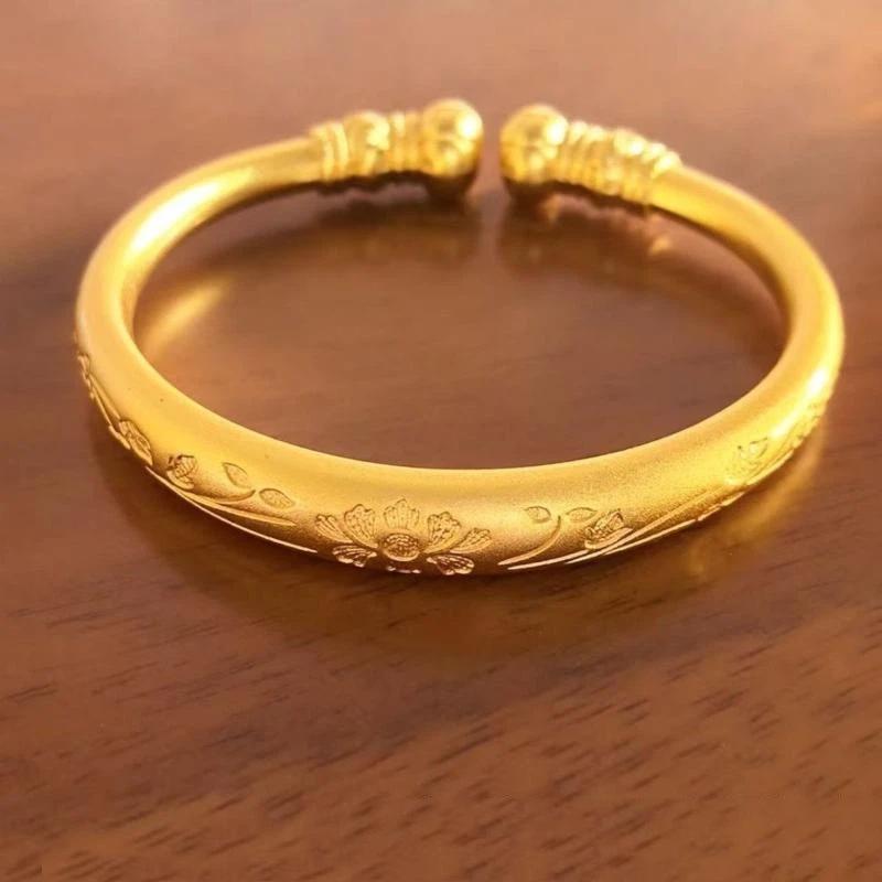 Gold Plated Open Cuff Bangle Boho Carved Floral Pattern Fadeless Durable Shiny Jewelry for Gift Daily Wear