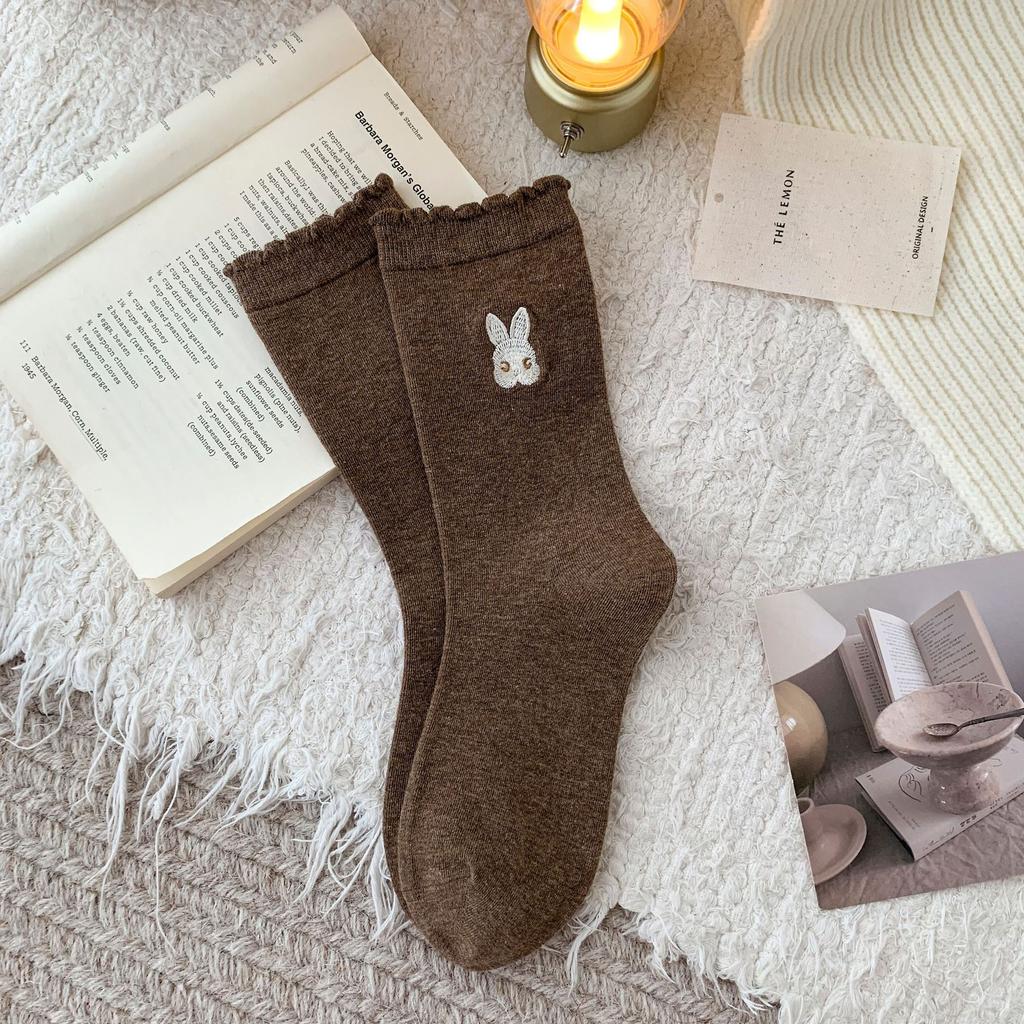 Cartoon medium tube female embroidery cute socks socks rad cotton pile color socks beautiful bunny lace