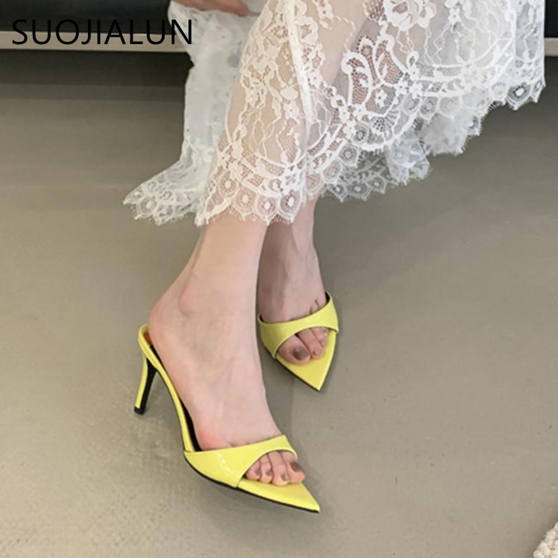 Fashion SUOJIALUN 2025 New Brand Women Slipper Fashion Pointed Toe Slip On Ladies Eelgant Slides Thin High Heel Outdoor Dress Pumps Sand