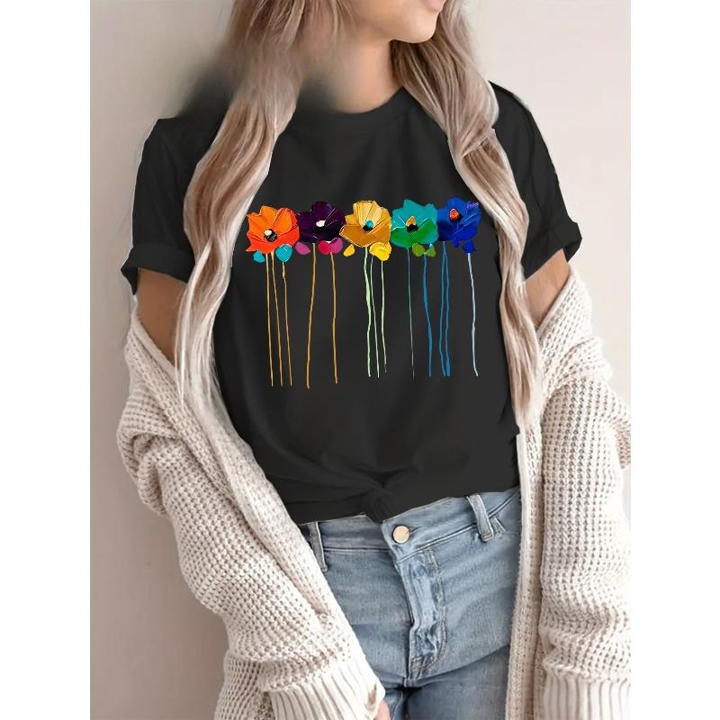 

European Size Plus Size, Women s Plus Size Oversized Vibrant Painted Floral Print Short Sleeve T-Shirt - Round Neck Casual Top 4XL