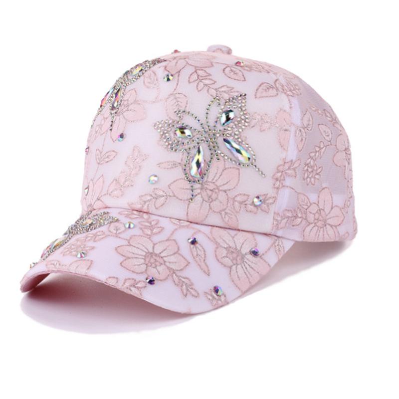 Women Baseball Cap Flower Butterfly Rhinestone Lace Breathable Sunshade Curved Brim Fashion Cap Street Dance Party Casual New