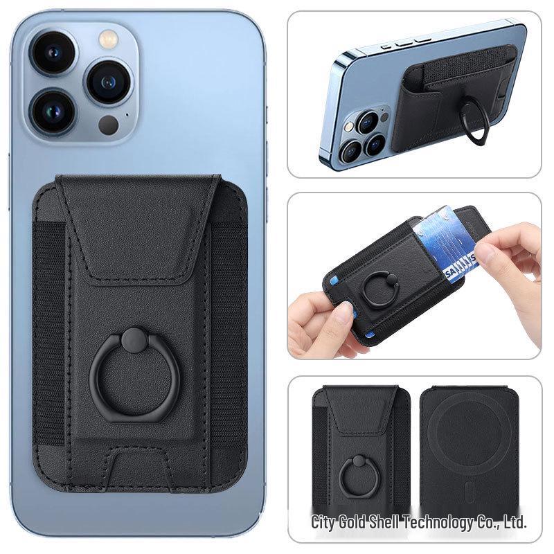 Magnetic Card Holder with Finger Ring & Elastic Band for iPhone 12/13/14/15 Magsafe