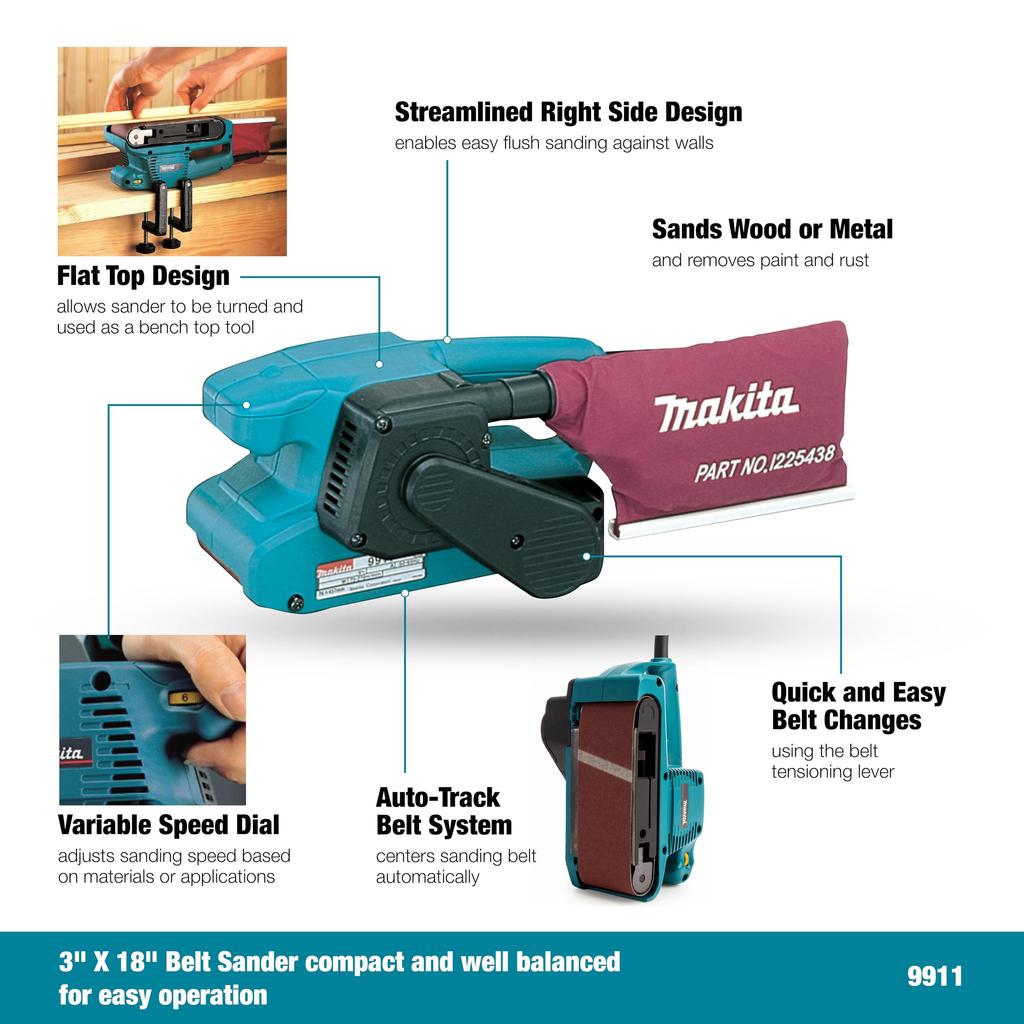 Makita Belt Sander 9911 76mm Dust Collection System