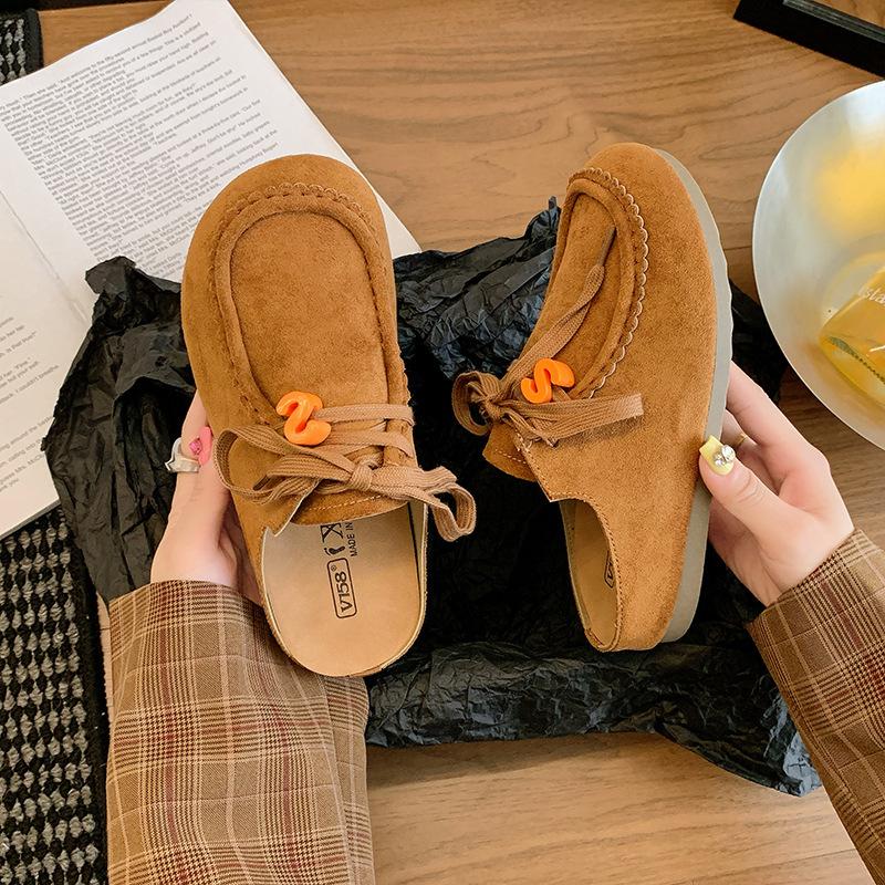 

Ретро мода крутые тапочки женские осенние новые толстая подошва внутренняя высота увеличение один педаль сумка голова полусапожки 40 хаки