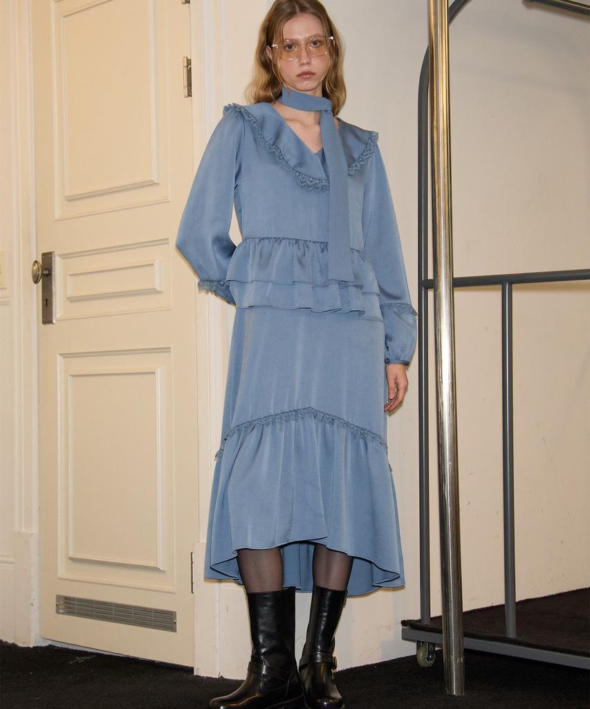Salon De Yon Scarf Ruffle Long Dress_ Blue