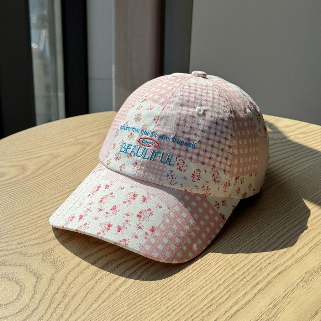 Floral Plaid Patchwork Baseball Cap for Women Korean Version Versatile Face Showing Small Peaked Hat Wide Brim Trendy Hat