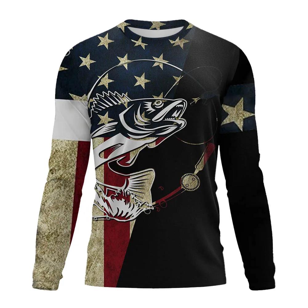 Nové pánské outdoorové rybářské tričko s dlouhým rukávem 3D ryba Potisk vzoru ležérní a módní Top tričko s kulatým výstřihem