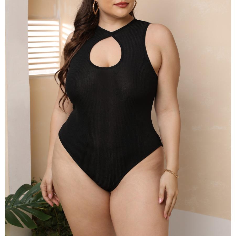 

Женский эластичный комбинезон с узким дном большого размера, сексуальный ребристый тонкий черный боди 4XL чёрный