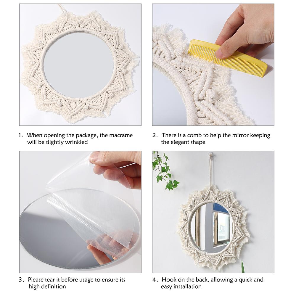 Nordic Room Dekorativní zrcadla Boho Macrame Kulaté Kosmetické zrcadlo Pokoj Nástěnné Zrcadlo Tkané Macrame Řemesla Home Dekor Nástěnná dekorace