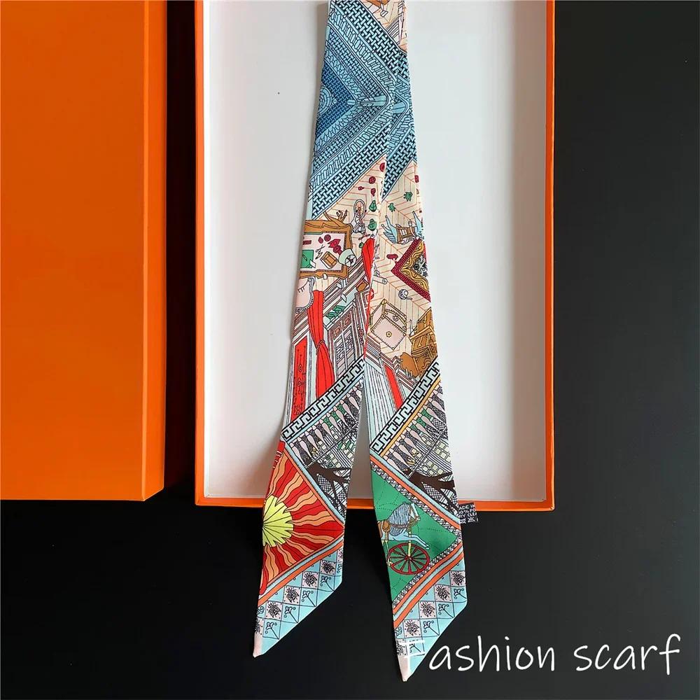 Exotic Printed Silk Scarf For Bags Hair Ties Double-Sided Slanted Edge Narrow Strip Multipurpose Simulation Satin Ribbon