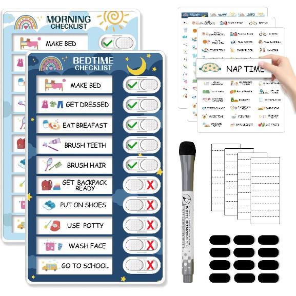 2 in 1 Bedtime/Morning Routine Chart for Kids Toddlers, Magnetic Chore Chart for Kids, Cute Visual Schedule for Kids Schedule Board for Home, Kids