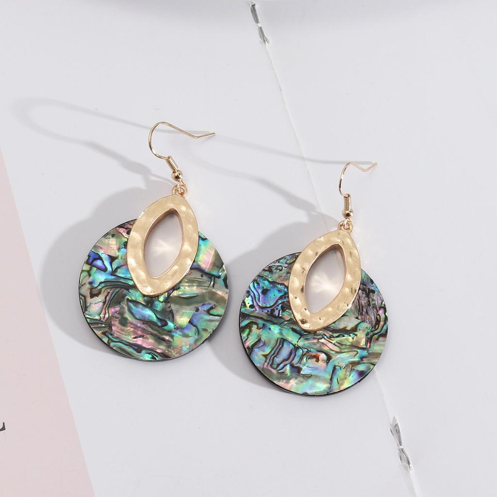 European and American Style Jewelry, Leather Inlaid with Round Personalized Retro Abalone Shell Exquisite Earrings