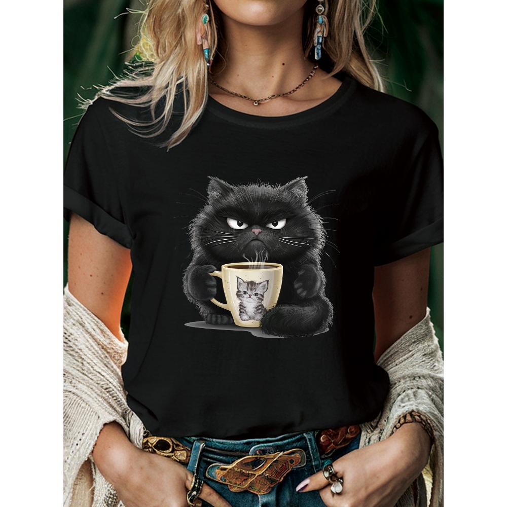 

Cute Coffee Drinking Cat Women s T-shirt Summer Fashion Short-sleeved Casual Women s Clothing M