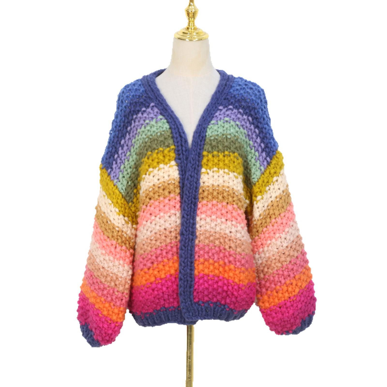 

Women s Chunky Knit Colorful Striped Cardigan - V-Neck, Long Sleeve, Loose Fit L