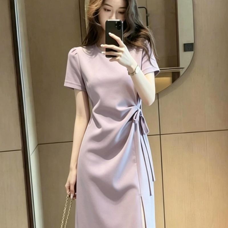 French Skirt Women's New Summer Dress Summer New Purple Short-sleeved Split Fork Medium and Long