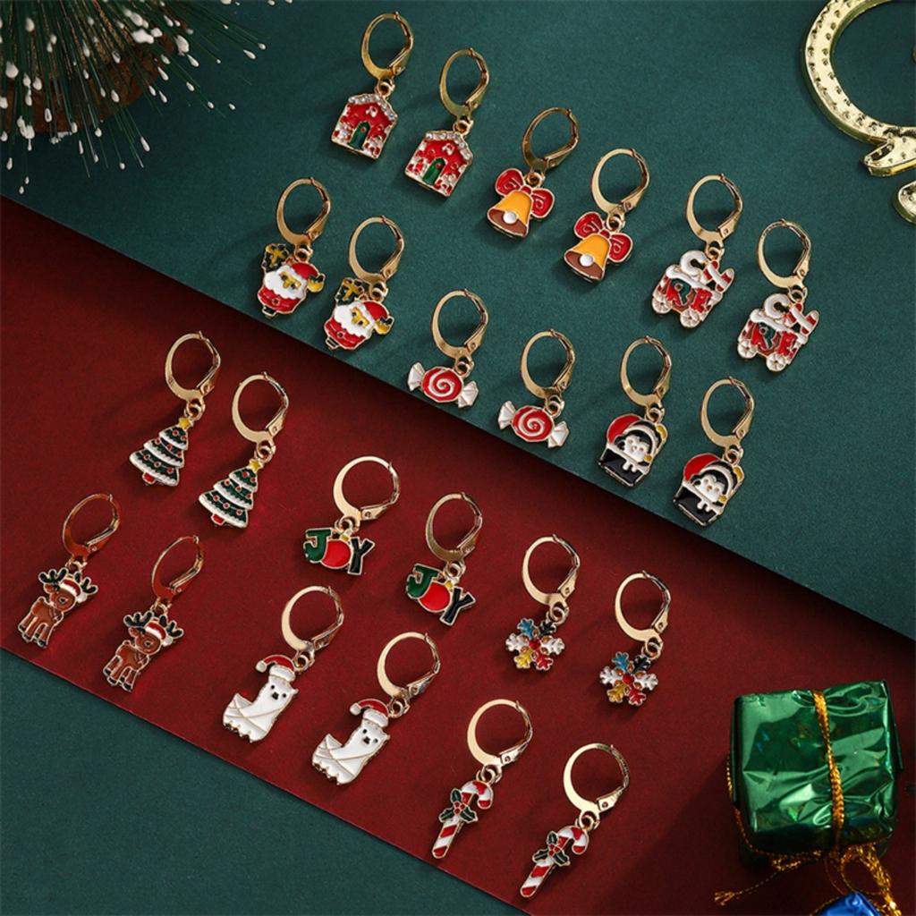 12Pairs/Set Christmas Drop Earrings Set Bell Snowflake Candy Penguin Tree Deer Cane Santa Claus Earring For Women Men Jewelry