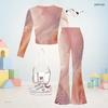 Girls Round Neck Long Sleeve Blue Printed Top And Flared Pants Two Piece Set