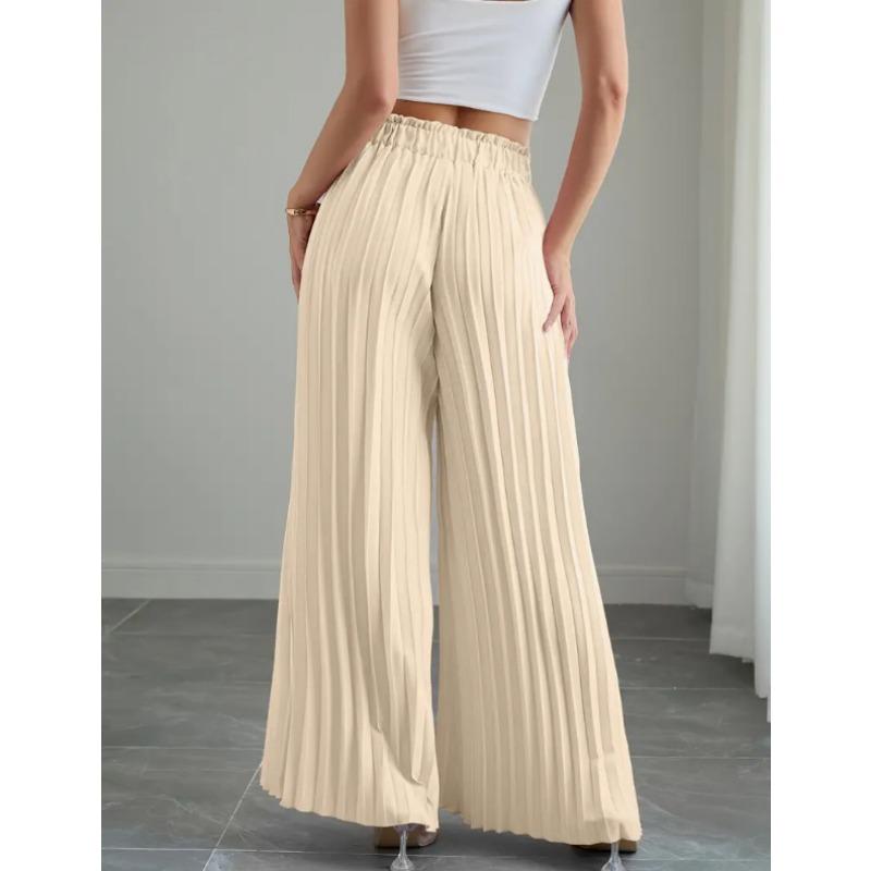 Fashion Loose Pleated Women's Long Pants Solid Color New Folded Elastic Waist Strap Loose Wide Leg Pants Casual Drawstring Trousers