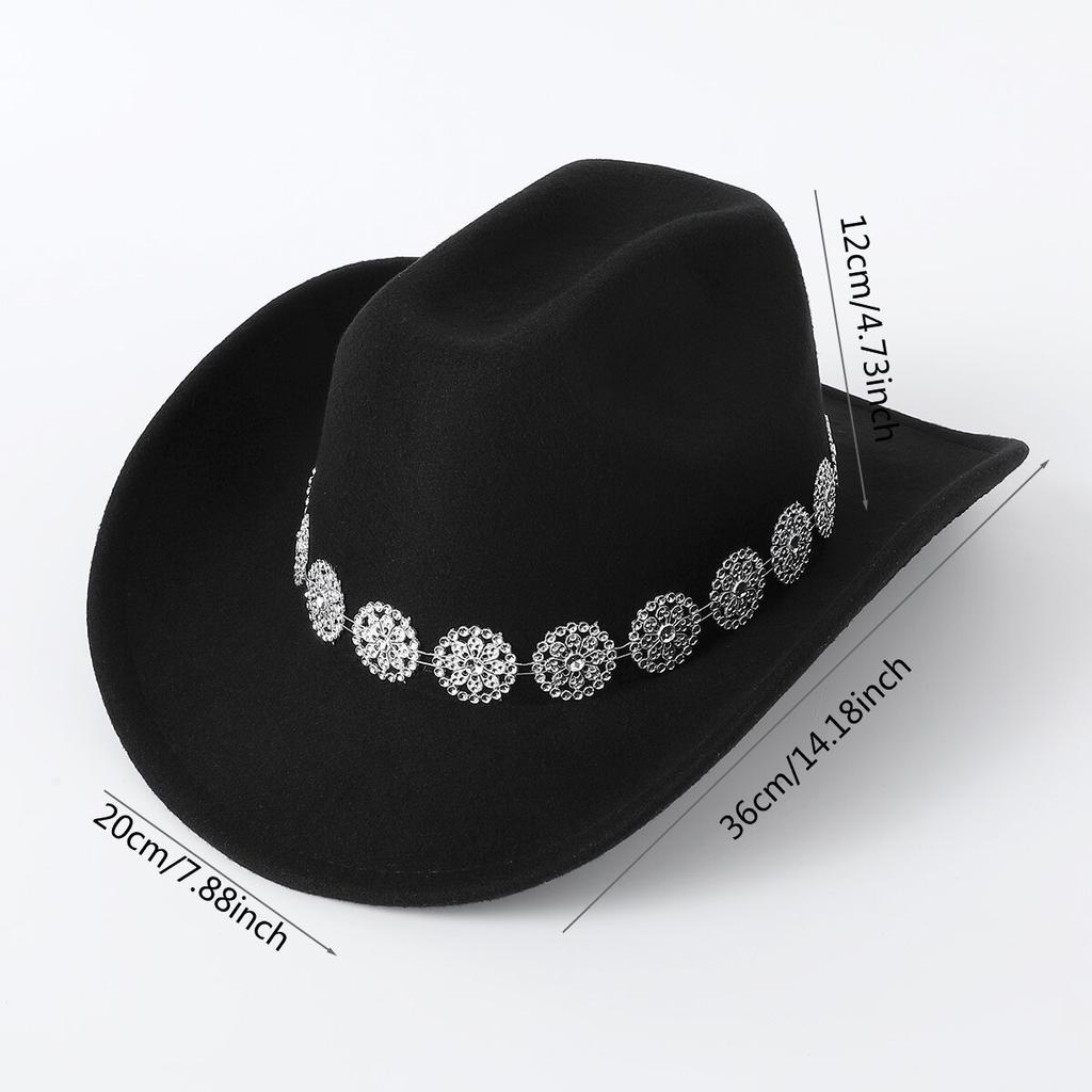 European, American and Western Cowboy Top Hat Rhinestone Chain Accessories Men's and Women's Casual Top Hat Party Jazz Hat