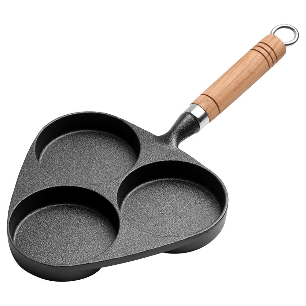 Cast Iron Fried Egg Maker with Wooden Handle 3 Holes Burger Skillet Non-Stick Breakfast Pancake Pan Breakfast Grill Cooking Pot China Mainland