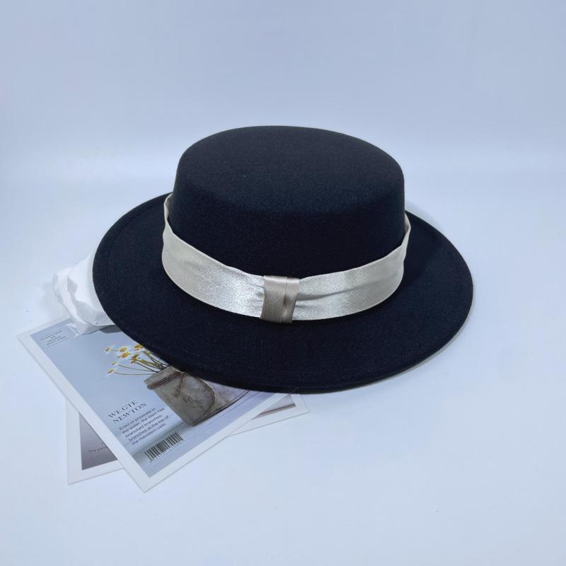 British Retro Flat-top Woolen Top Hat Women's Autumn and Winter Black Versatile Face Small Temperament Men's Retro Felt Hat