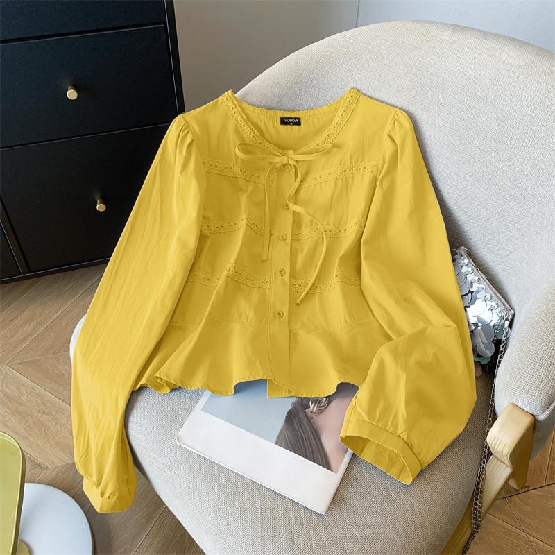 

VONDA Женские повседневные кружевные рубашки с круглым вырезом и однотонным галстуком L жёлтый