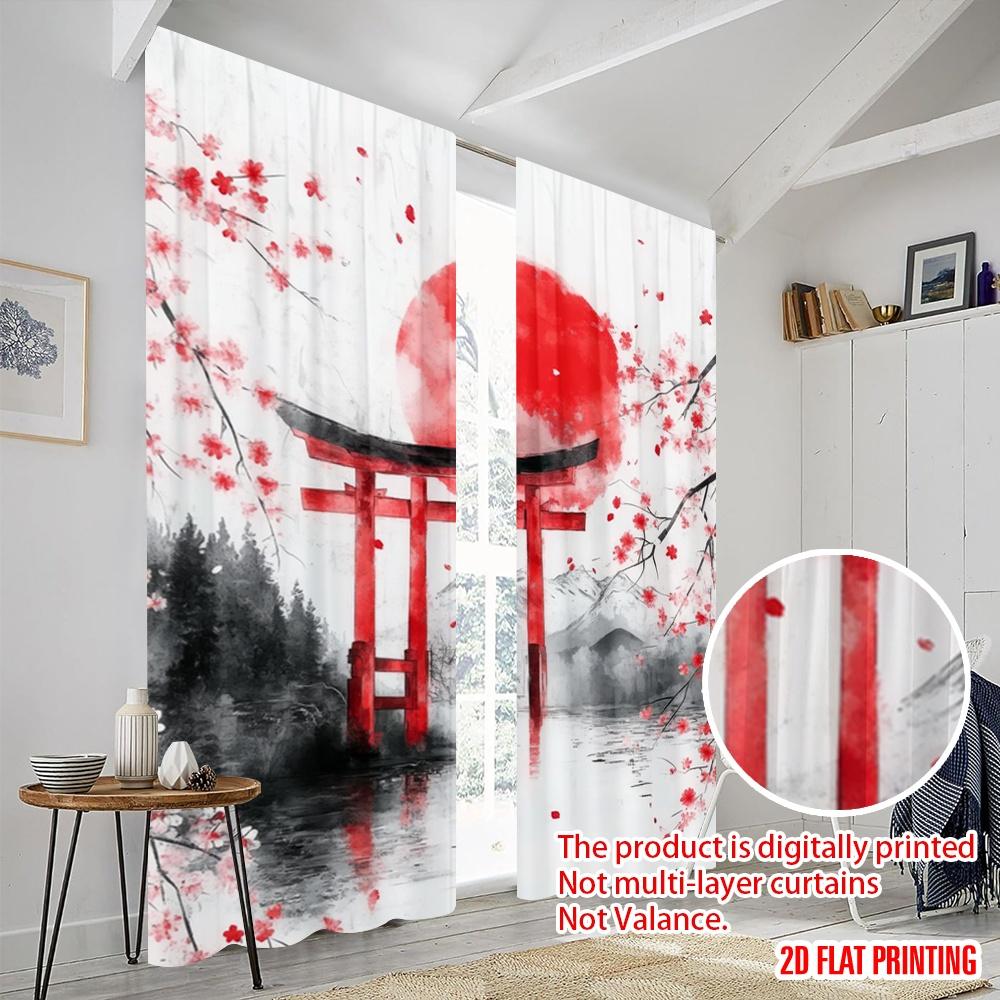2pcs,2D Plane Printing Window Curtain Cherry Gate Sunrise Polyester (without Rod) Festive Ldeal for Bedroom, Living Room
