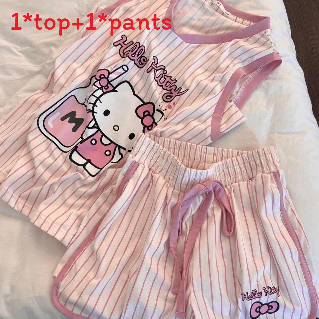 Набор пижам Hello Kitty для девочек со полосатыми хлопковыми шортами без рукавов, домашняя одежда M