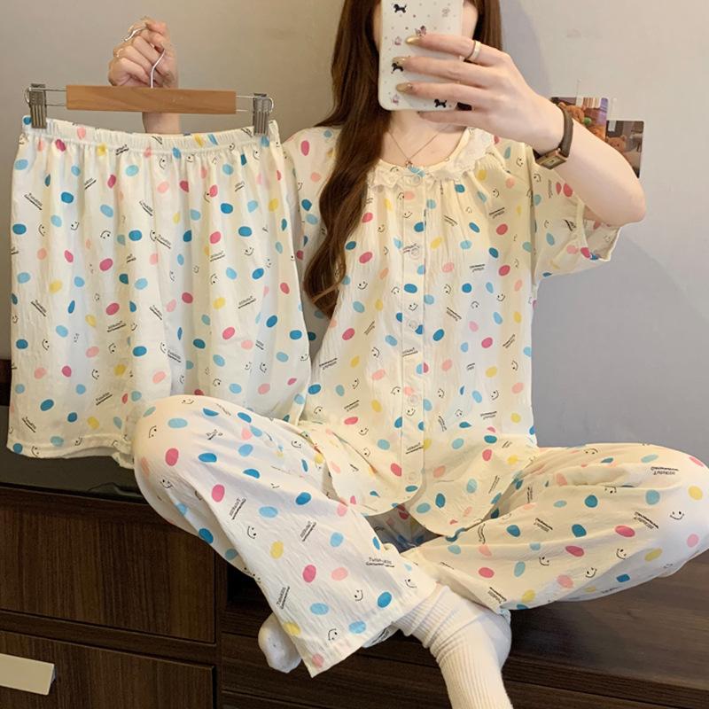 Lace Short-Sleeved Pajamas Women'S Summer Cute Simple Cartoon Cloud Cotton Loungewear Three-Piece Set