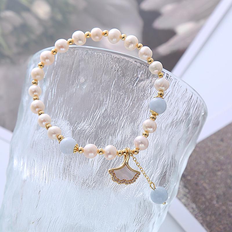 Women's Sea Blue Aquamarine & Pearl Bracelet with Ginkgo Leaf Pendant