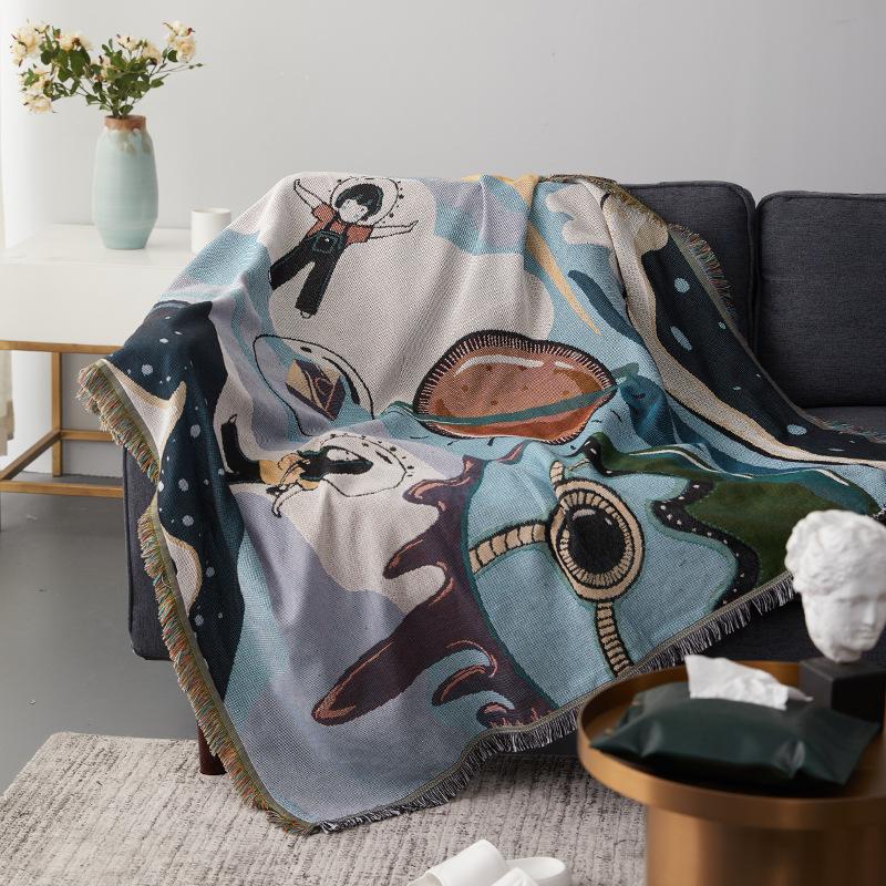 Colorful Jacquard Printed Chenille Woven Bohemian Hippie Sofa Throw Blanket Tapestry Machine Washable Customizable