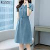 ZANZEA Women Retro Casual Blue Denim Short Sleeve V-neck Midi Dress