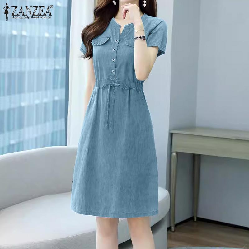ZANZEA Women Retro Casual Blue Denim Short Sleeve V-neck Midi Dress