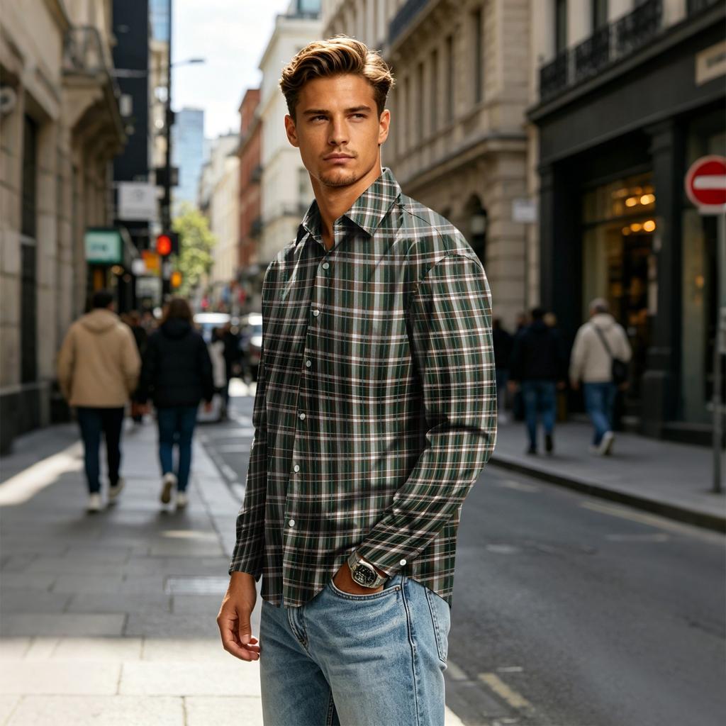 Men's Long Sleeve Plaid Button Down Shirt with Collar for Casual Everyday Wear