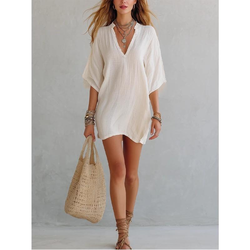Spring and Summer New Style V-Neck Loose Solid Color T-Shirt Beachwear Style Women's Top