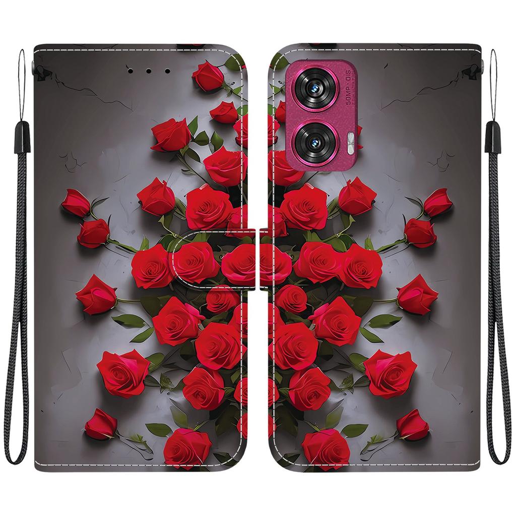 Håndlaget PU-lær flip-deksel for Motorola Edge 50 Fusion Sklisikkert Støtsikkert Deksel med Håndleddsstropp og Hjerte/Rose Kattdesign