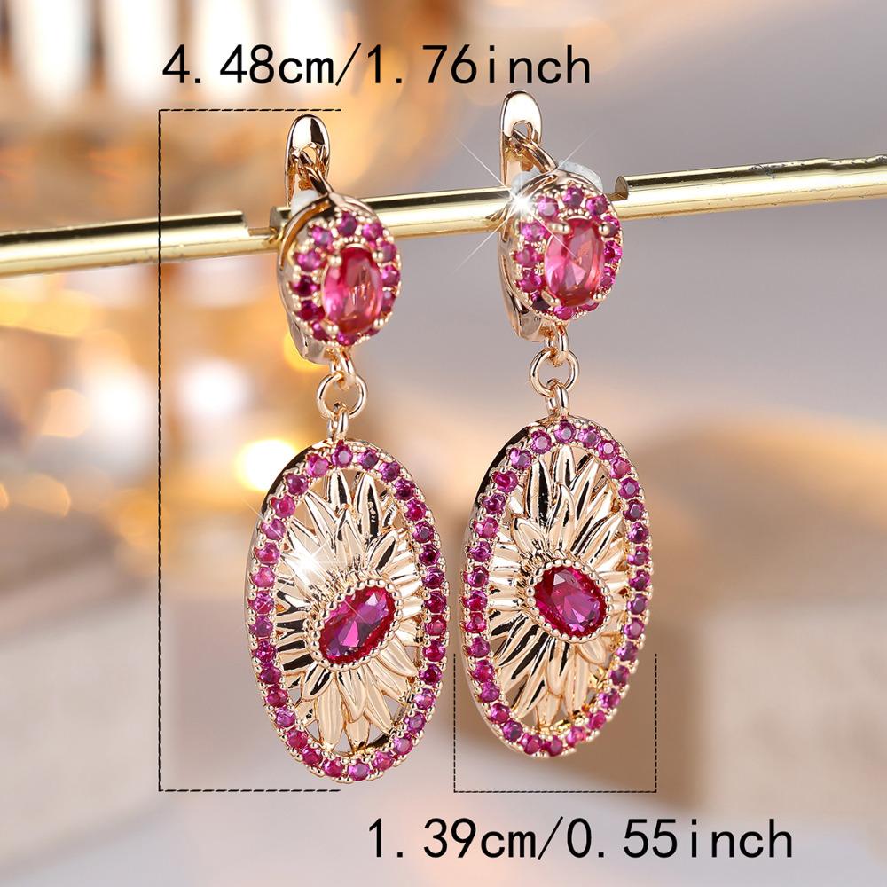 Cercei Lungi Luxoși cu Flori din Zirconiu Cubic Roșu Trandafiriu pentru Femei, Culoare Aurie Vintage, Bijuterii Accesorii pentru Petrecere, Banchet