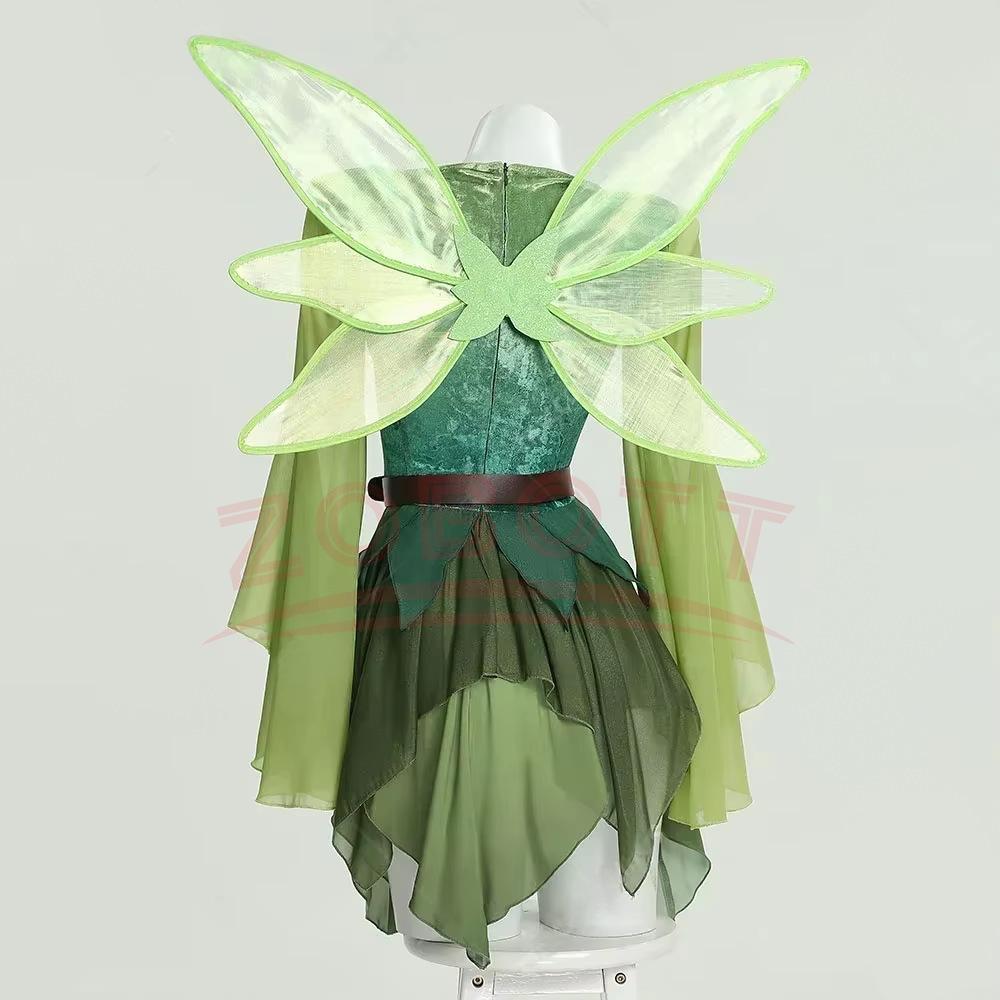 Women's Elf Medieval Green Fairy Dress Magical Elf Dress and Belt with Wings Halloween Cosplay Costumes Elf Role-playing Costume