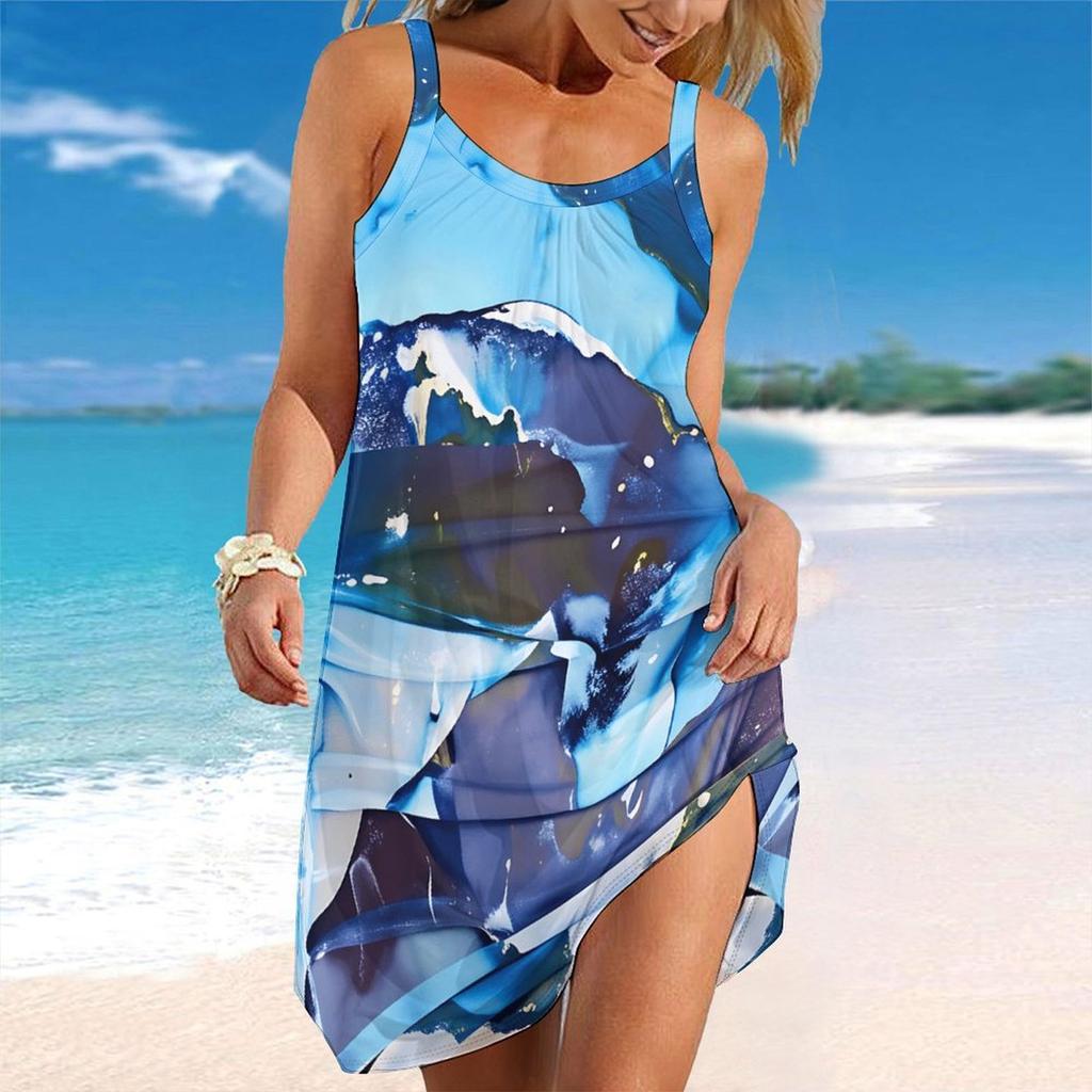Women Plus Size Sleeveless Round Neck Dress Black Base Light Pink Palm Leaf Print Irregular Hem Loose Beach Dress