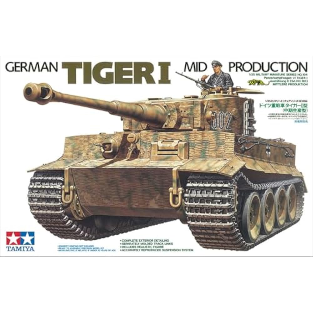 Tamiya 1/35 Military Miniature Series No. 194 German Army Heavy Tank Tiger I Mid-Production Plast...