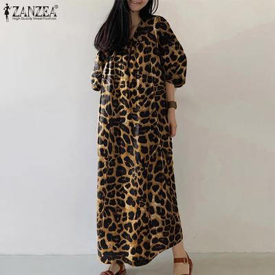 Women Casual V-Neck 3/4 Sleeve Leopard Print Loose Long Dress