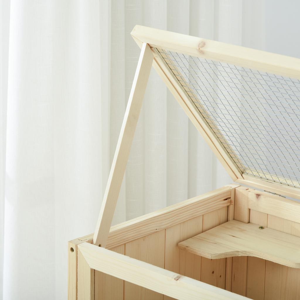 Wooden Cage for Hamsters and Mice, Play House with 5 Platforms, Ramp, Hinged Roof, Glass Window, Plastic and Bottom Shelf, 60x40x80 Cm, Natural