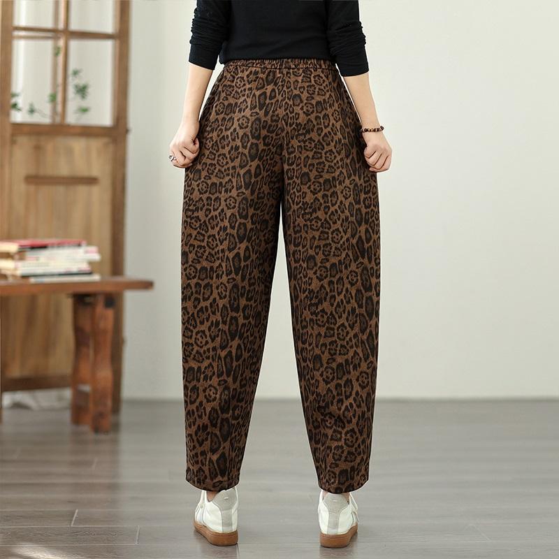 Plus Size Cotton Vintage Leopard High Waist Casual Loose Spring Autumn Harem Pants Women Trousers