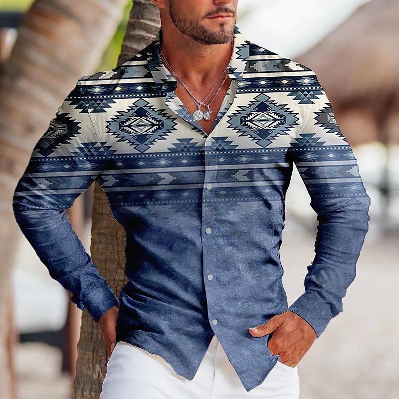 Moda Uomo Vintage Tribale Sportivo Festa Uomo Camicia Grafica Trasparente Collo a Revers Camicia Bottoni Casual Viola Blu Top
