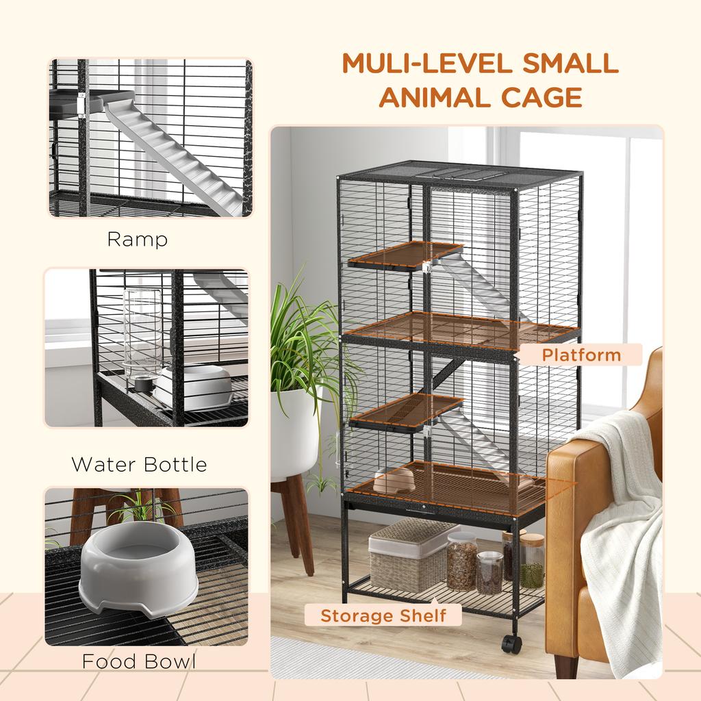 Rolling Chinchilla Cage, Small Animal Cage for Ferrets W/ Three Doors, Storage, Shelf, Tray Tray, Bowl, Water Bottle